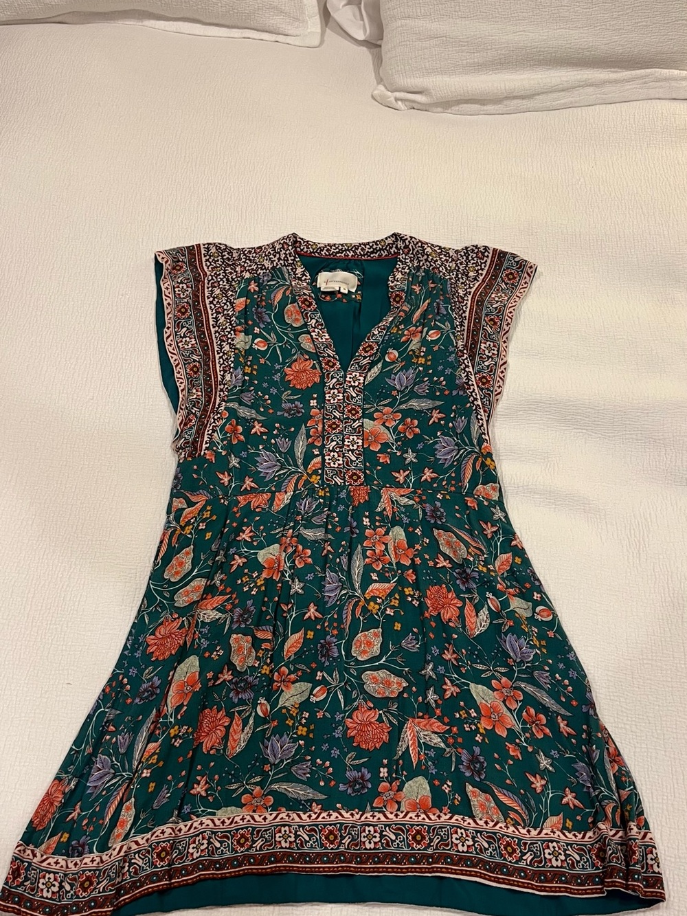 Anthropologie Teal Floral-Trim Blouse Sleeveless Women's Dress size XS - Picture 3 of 10